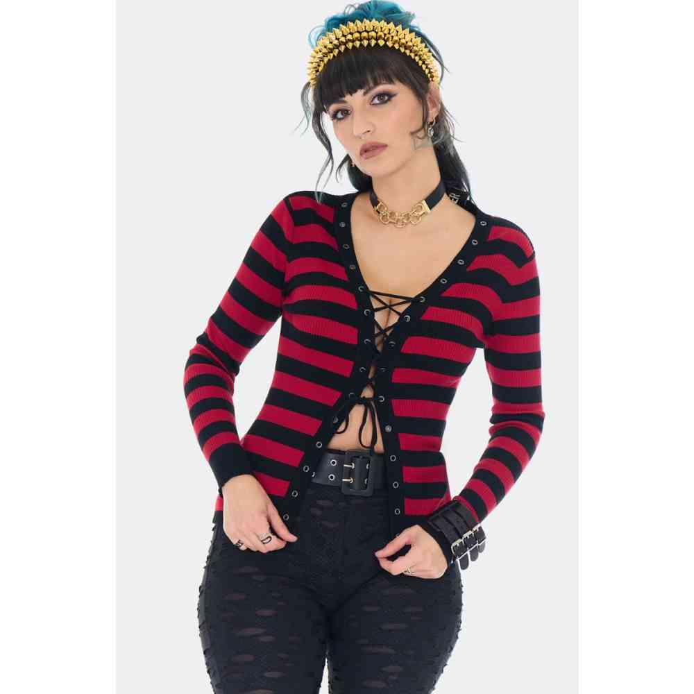 Jawbreaker - Striped Red Lace Up Eyelet Cardigan - Red/Black